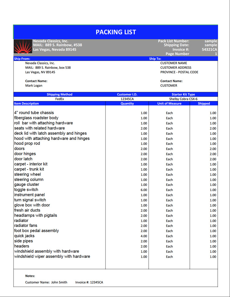 sample packing list format